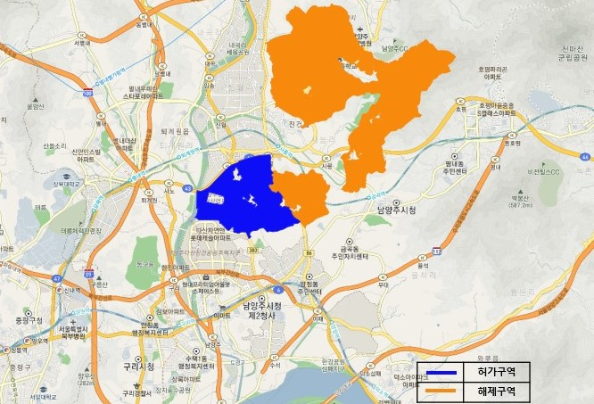 경기도가 남양주시 3기 신도시 토지거래허가구역을 해제한 지역(주황색)과 새로 지정한 지역(파란색). 자료제공=경기도