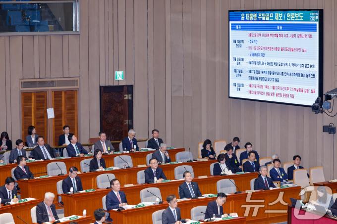 김성훈 대통령경호처 차장을 비롯한 국무위원들이 지난 11월 14일 서울 여의도 국회에서 열린 예산결산특별위원회 제418회국회(정기회) 제12차 전체회의에 출석해 윤석열 대통령 골프 라운딩 관련 김병주 더불어민주당 의원 질의를 듣고 있다. 2024.11.14/뉴스1 ⓒ News1 안은나 기자
