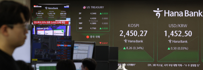  코스피와 코스닥지수가 상승 출발한 24일 오전 서울 중구 하나은행 딜링룸 전광판에 지수가 표시되고 있다./사진=뉴시스