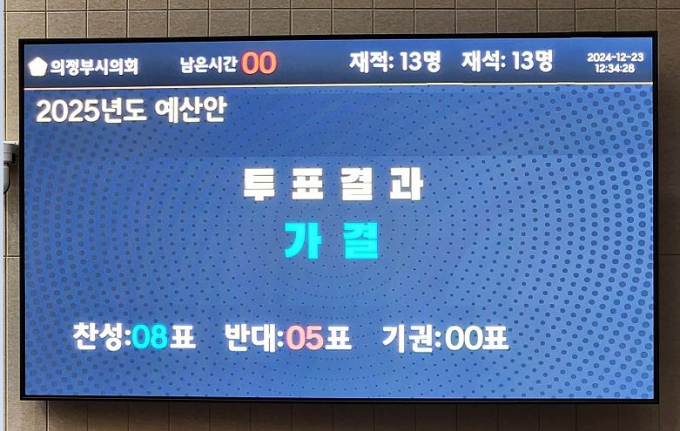 의정부시의회 '2025년 예산안' 찬반투표 표결 결과 화면./사진=김동영 기자