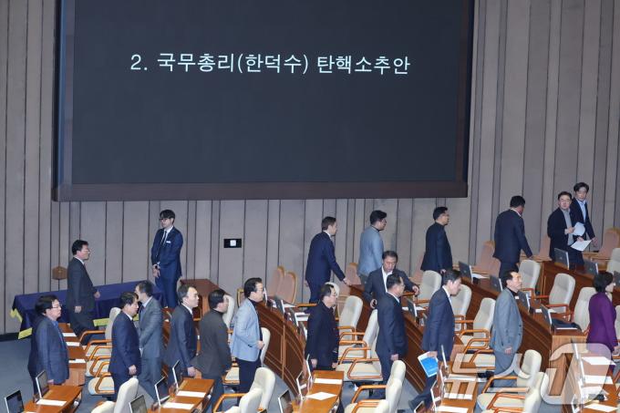 국민의힘 의원들이 27일 오후 서울 여의도 국회에서 열린 제420회국회(임시회) 제2차 본회의에서 한덕수 대통령 권한대행 국무총리 탄핵소추안 탄핵 의결 정족수 과반에 대해 항의하며 본회의장을 떠나고 있다. 2024.12.27/뉴스1 ⓒ News1 이재명 기자