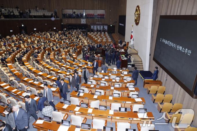 국민의힘 의원들이 27일 오후 서울 여의도 국회에서 열린 제420회국회(임시회) 제2차 본회의에서 한덕수 대통령 권한대행 국무총리 탄핵소추안 탄핵 의결 정족수 과반에 대해 항의하며 본회의장을 떠나고 있다. 2024.12.27/뉴스1 ⓒ News1 안은나 기자