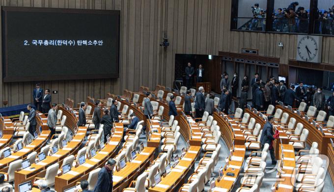국민의힘 의원들이 27일 오후 서울 여의도 국회에서 열린 제420회국회(임시회) 제2차 본회의에서 한덕수 대통령 권한대행 국무총리 탄핵소추안 탄핵 의결 정족수 과반에 대해 항의하며 본회의장을 떠나고 있다. 2024.12.27/뉴스1 ⓒ News1 이재명 기자