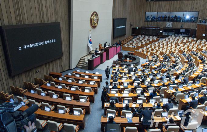 우원식 국회의장이 27일 오후 서울 여의도 국회 본회의장에서 열린 제420회 국회(임시회) 제2차 본회의에서 국무총리(한덕수) 탄핵소추안을 가결시키고 있다. 2024.12.27/뉴스1 ⓒ News1 이재명 기자