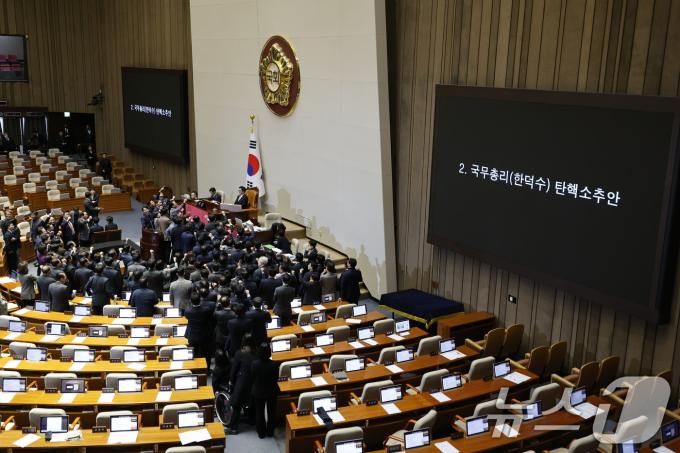 우원식 국회의장이 27일 오후 서울 여의도 국회에서 열린 제420회국회(임시회) 제2차 본회의에서 한덕수 대통령 권한대행의 탄핵소추안 탄핵 의결 정족수 과반 151명이라고 밝히자 국민의힘 의원들이 항의하고 있다. 2024.12.27/뉴스1 ⓒ News1 안은나 기자