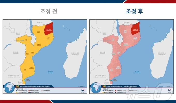 여행경보 조정 전(왼쪽), 후(오른쪽).(외교부 제공)