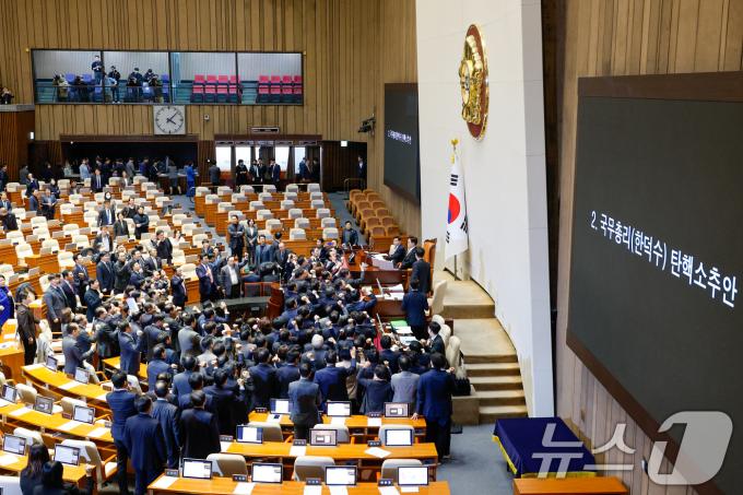 권성동 국민의힘 당 대표 권한대행 겸 원내대표와 의원들이 27일 오후 서울 여의도 국회에서 열린 제420회국회(임시회) 제2차 본회의에서 우원식 국회의장을 향해 한덕수 대통령 권한대행 국무총리 탄핵소추안 의결 관련 항의하고 있다. 2024.12.27/뉴스1 ⓒ News1 안은나 기자