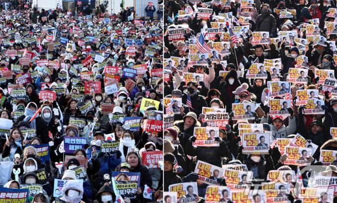 28일 서울 도심 광화문 일대에서 윤석열 대통령 탄핵을 촉구하는 집회(왼쪽)와 탄핵 반대 맞불집회가 각각 열리고 있다. 2024.12.28/뉴스1 ⓒ News1 구윤성 기자,김도우 기자