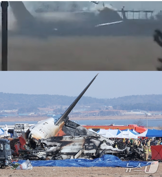 29일 오전 9시 3분 무렵 무안공항에 동체착륙을 시도한 제주항공 2216편. 외벽에 부딪힌 뒤 산산조각 나버렸다. (제공=이근영 씨)  ⓒ News1 김성진 기자