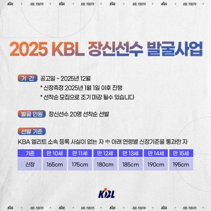 KBL은 내년 한 해 동안 '2025 KBL 장신 선수 발굴 프로그램' 신청을 받는다고 31일 밝혔다.(KBL 제공)