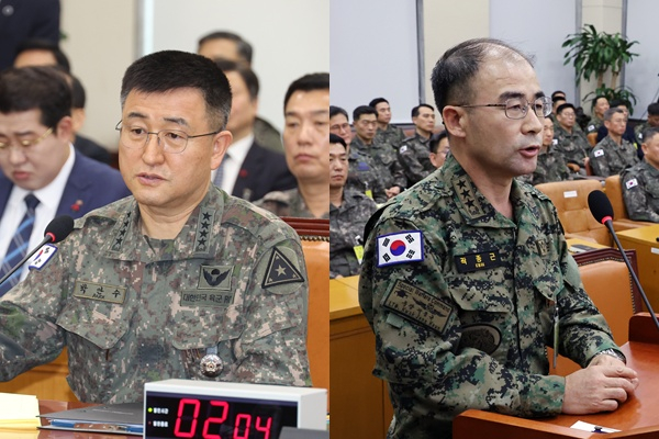 '12·3 비상계엄 사태' 당시 계엄사령관이었던 박안수 육군참모총장(대장)과 군을 국회와 중앙선거관리위원회에 투입한 곽종근 전 육군 특수전사령관(중장)이 3일 구속 상태로 재판에 넘겨졌다. 사진은 박 총장(왼쪽)과 곽 사령관이 지난해 12월10일 서울 여의도 국회에서 열린 국방위원회의 긴급 현안질의에서 의원 질의에 답변하는 모습. /사진=뉴시스