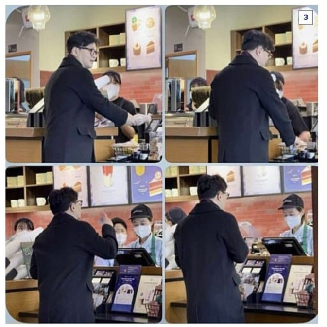 한동훈 전 국민의힘 대표가 사퇴하고서 첫 목격담이 나왔다. 사진은  강남 스타벅스에서 목격된 것으로 전해진 한동훈 전 국민의힘 대표. /사진=네이버카페 '위드후니' 캡처