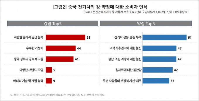 설문에 응한 국내 소비자들은 중국 전기차의 강점으로는 가성비를, 약점으로는 품질을 많이 꼽아 '값싼 저품질 차'라는 인식은 여전히 강했다.  /그래픽=컨슈머인사이트