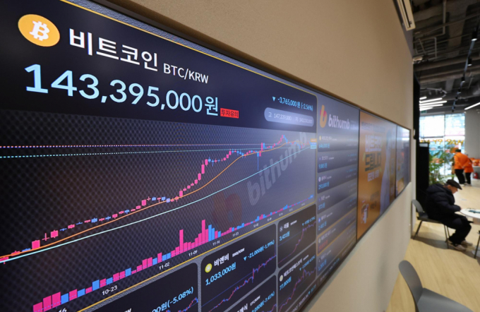 미국 인플레이션 재촉발 우려로 미국 국채금리가 폭등하면서 비트코인 거래가격이 급락세를 보이고 있다.  8일 오후 서울 서초구 빗썸라운지 시황판에 비트코인 거래가격이 1억4300만원대를 보이고 있다. /사진=뉴시스