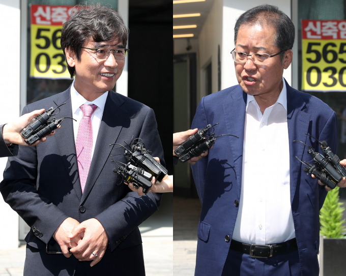 홍준표 대구시장과 유시민 작가가 오는 29일 만나 현 정치상황을 놓고 토론을 진행한다. 사진은 유 작가(왼쪽)와 홍 시장이 2019년 6월3일 서울 강남구 한 스튜디오에서 열리는 유튜브 맞짱토론 '홍카레오'에 참석 전 취재진 질문에 답하는 모습. /사진=머니투데이