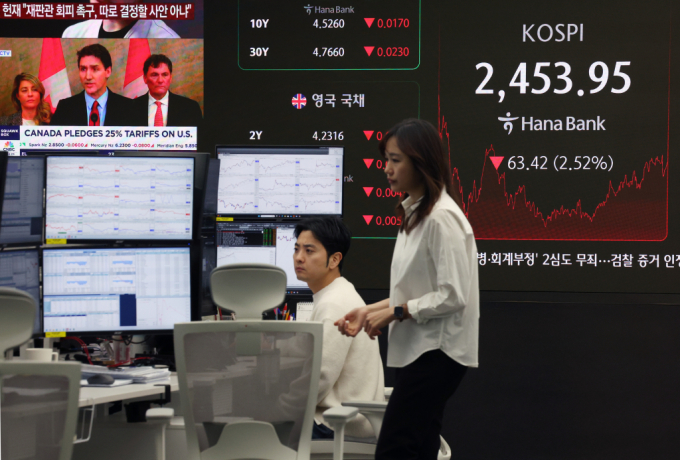 3일 코스피는 전 거래일(2517.37)보다 63.42포인트(2.52%) 내린 2453.95에, 코스닥 지수는 전 거래일(728.29)보다 24.49포인트(3.36%) 하락한 703.80에 거래를 마쳤다. 사진은 코스피가 트럼프발 관세전쟁 우려에 2% 넘게 하락한 3일 서울 중구 하나은행 딜링룸 모습./사진=뉴시스  