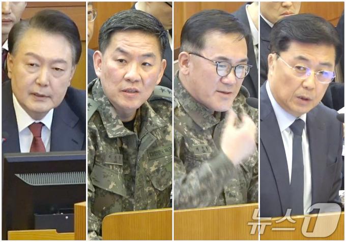 4일 서울 종로구 헌법재판소에서 열린 윤석열 대통령 탄핵심판 5차 변론기일에서 윤 대통령을 비롯한 증인들이 각각 발언하고 있다. 왼쪽부터 윤 대통령, 이진우 전 육군 수도방위사령관, 여인형 전 국군방첩사령관, 홍장원 전 국가정보원 1차장. (헌법재판소 제공) 2025.2.4/뉴스1