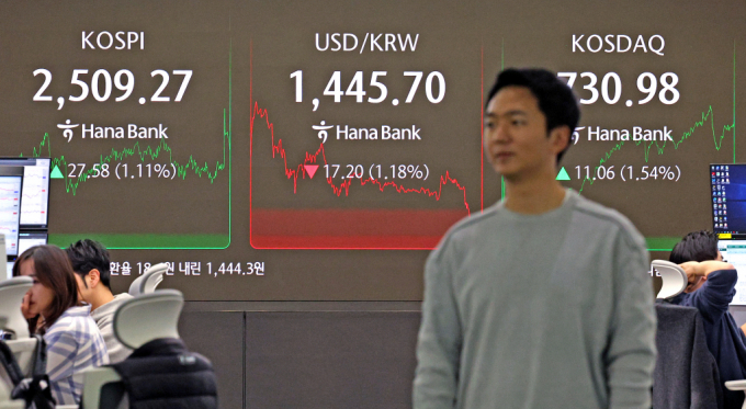 5일 서울 중구 하나은행 본점 딜링룸 전광판에 코스피 지수가 전일 대비 1.11%p 상승한 2509.27을 나타내고 있다./사진=뉴스1 장수영 기자