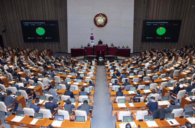 ATS) 관련 제도 정비를 위한 자본시장과 금융투자업에 관한 법률(자본시장법) 개정안이 27일 국회 본회의를 통과했다. 사진은 27일 오후 서울 여의도 국회에서 열린 제422회 국회(임시회) 제7차 본회의에서 해상풍력 보급 촉진 및 산업 육성에 관한 특별법안(대안)이 가결되는 모습./사진=뉴스1 