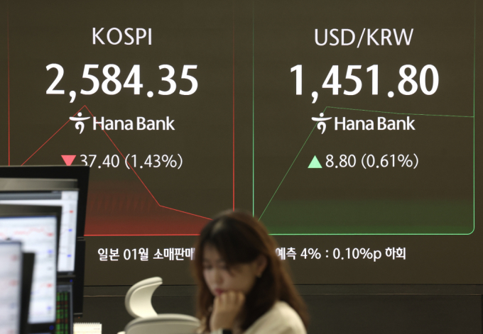 코스피가 전 거래일(2621.75)보다 36.14포인트(1.38%) 내린 2585.61에 개장한 28일 오전 서울 중구 하나은행 딜링룸에서 딜러들이 업무를 보고 있다. /사진=뉴시스 