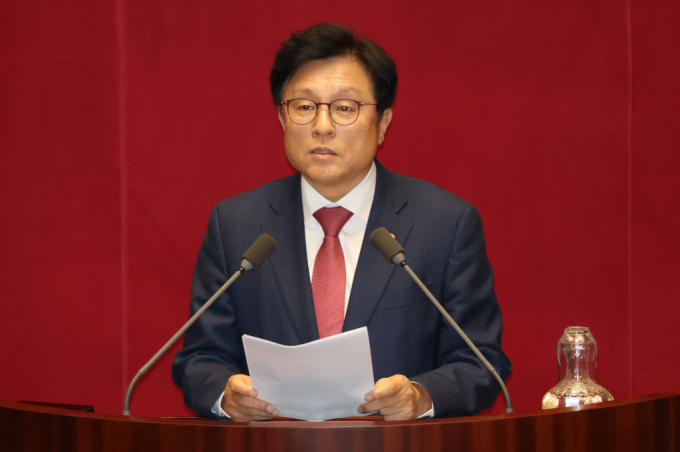 박형수 국민의힘 원내수석부대표가 14일 오후 서울 여의도 국회에서 열린 본회의에서 의사진행 발언을 하고 있다./사진제공=뉴스1