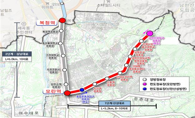 국토교통부 대도시권광역교통위원회가 성남~복정 광역 BRT 구축사업 1단계 실시계획을 승인했다. 사진은 성남~복정 광역 BRT구축사업 1단계 위치도 및 노선도. /사진=국토교통부