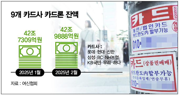 지난달 카드론(장기카드대출) 잔액이 43조원에 육박하며 역대 최대치를 찍었다./그래픽=머니S 김은옥 기자