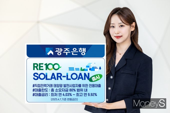 광주은행 홍보모델이 민간 재생에너지 전기공급사업자와 전력 공급계약을 체결한 태양광 발전사업자들을 위한 대출 신상품 'RE100 SOLAR-LOAN'을 출시 소식을 알리고 있다/사진=광주은행 제공.