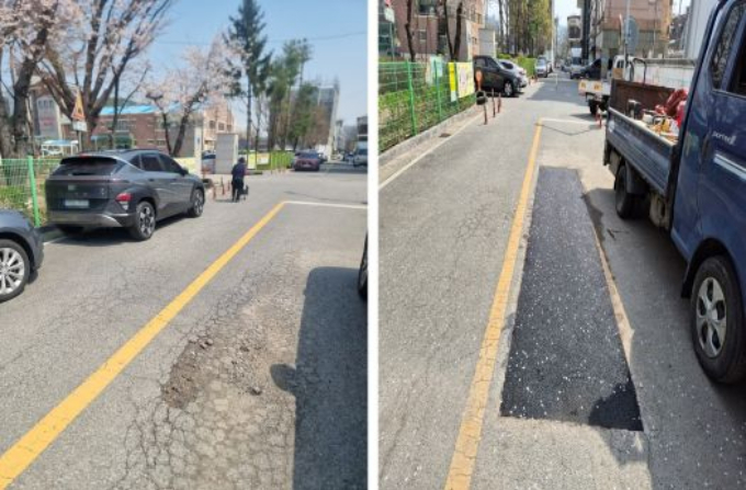 용인특례시가 보수작업을 진행한 도로의 포트홀 복구작업 전(사진 왼쪽)과 후(사진 오른쪽)의 모습. /사진제공=용인특례시