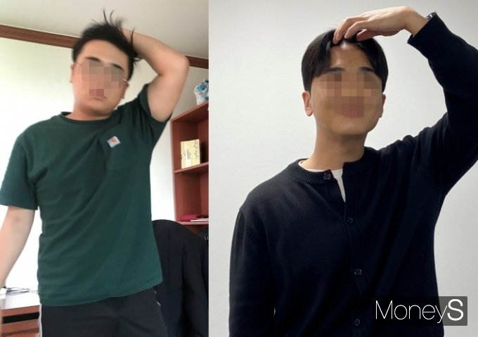 100㎏ 당시 사진(왼쪽)과 현재 사진(오른쪽). 살을 빼기 위해 수많은 다이어트를 해봤고, 최대 25kg을 감량했다. /사진=최성원 기자 지인, 신소민 기자