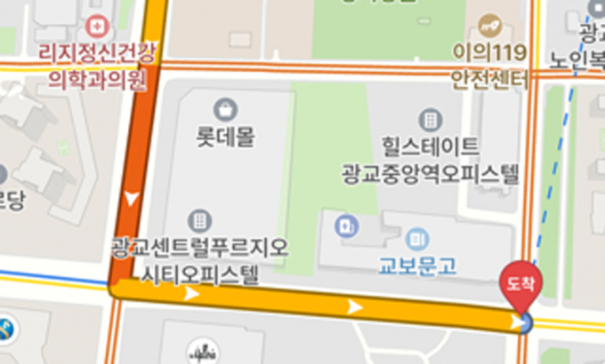 내비게이션에 표출된 교통신호 정보, 잔여시간. 자료제공=수원시 