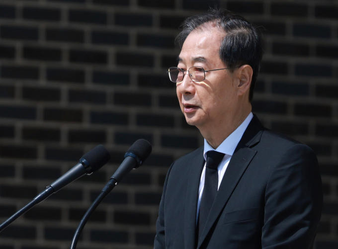 한덕수 대통령 권한대행 국무총리가 25일 대전 유성구 국립대전현충원에서 열린 제2회 순직의무군경의 날 기념식에서 기념사를 하고 있다. 사진=뉴시스 