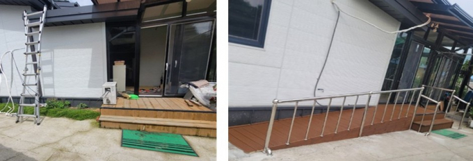 경사로 및 핸드레일 설치 공사 전(왼쪽 사진)과 후(오른쪽). /사진제공=경기도