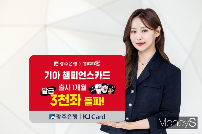 광주은행 홍보 모델이 기아 챔피언카드 출시 한달만에 발급카드 수가 3000좌 돌파했다는 소식을 알리고 있다/사진=광주은행 제공. 