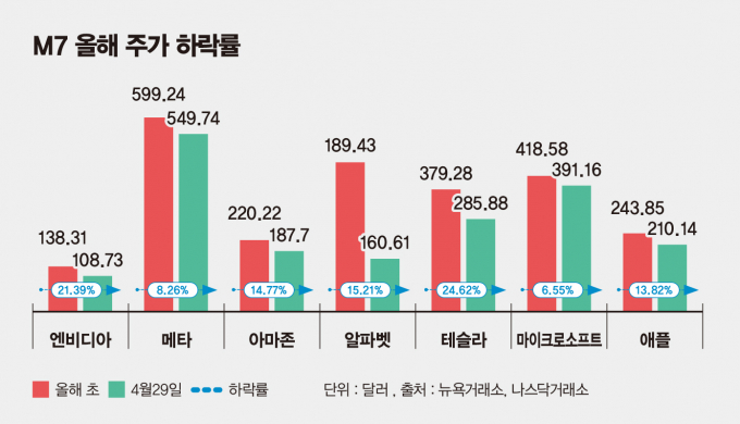 사진은 올해 M7 종목 주가 하락률 그래프. /사진=김은옥 기자