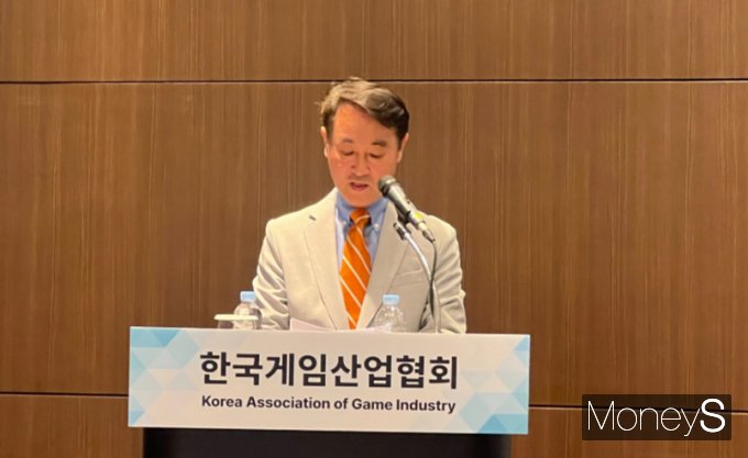 조영기 신임 게임산업협회장이 29일 삼성 코엑스 취임 기자간담회에서 발언하고 있다. /사진=양진원 기자