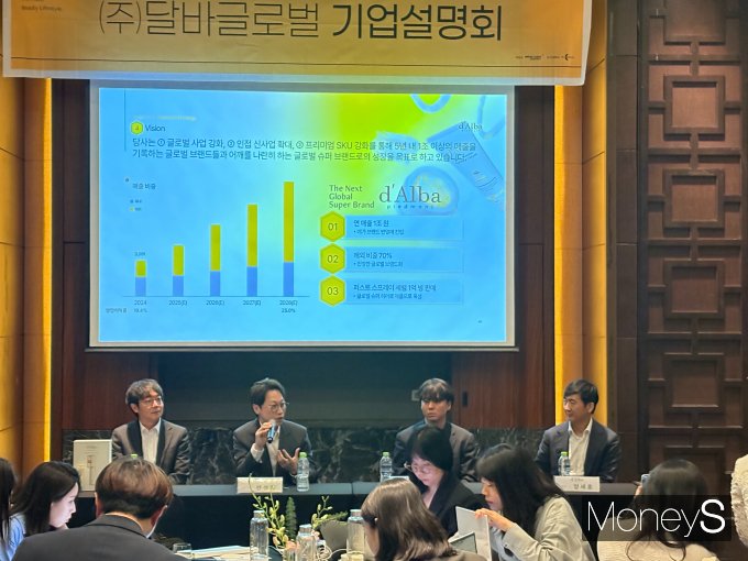코스피 상장에 나선 비건 화장품 제조 기업 달바글로벌이 기업설명회를 통해 공모 구조를 설명했다. 사진은 달바글로벌이 30일 기업설명회를 열고 사진은 달바글로벌 관계자들이 질의 응답에 나선 모습./사진=안효건 기자