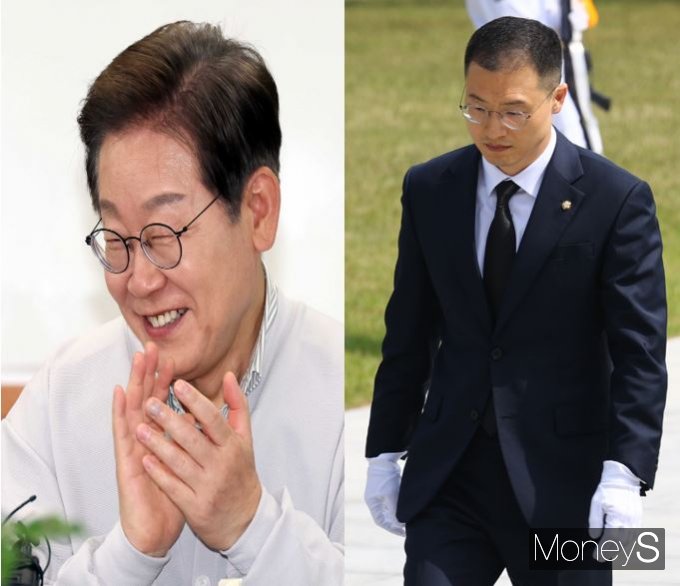 이재명 더불어민주당 대선 후보가 국민의힘을 탈당한 김상욱 의원에 대해 "원칙을 지키고 국민 입장에서 판단하고 행동하는 정치인들은 흔하지 않고 귀한 존재들"이라고 평가하며 조만간 만나겠다는 의향을 전했다.  사진은 이재명 더불어민주당 대선 후보(왼쪽)와 김상욱 의원의 모습. /사진=뉴시스