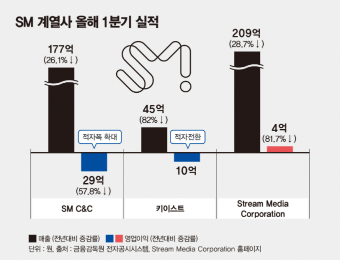 에스엠엔터테인먼트 주요 계열사 올해 1분기 실적. /그래픽=김은옥 기자