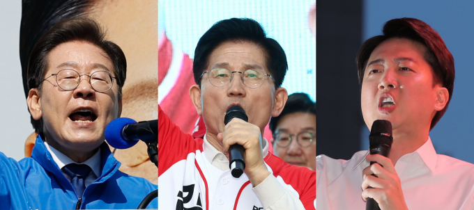이재명 더불어민주당 후보, 김문수 국민의힘 후보, 이준석 개혁신당 후보가 6·3 대선 공식 선거운동 사흘째인 14일 나란히 PK(부산·경남)을 찾는다. 사진은 이재명 더불어민주당, 김문수 국민의힘, 이준석 개혁신당 대통령 후보가 공식 선거운동이 시작된 12일 각각 서울 청계광장, 대구 서문시장, 서울 청계광장에서 지지를 호소하는 모습. /사진=뉴스1