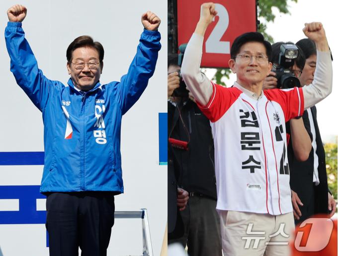 이재명 더불어민주당 대통령 후보(왼쪽), 김문수 국민의힘 후보가 제21대 대통령 선거 공식 선거운동 첫날인 12일 서울 중구 청계광장, 대구 서문시장에서 각각 지지를 호소하고 있다. 2025.5.12/뉴스1 ⓒ News1 안은나 기자,김민지 기자