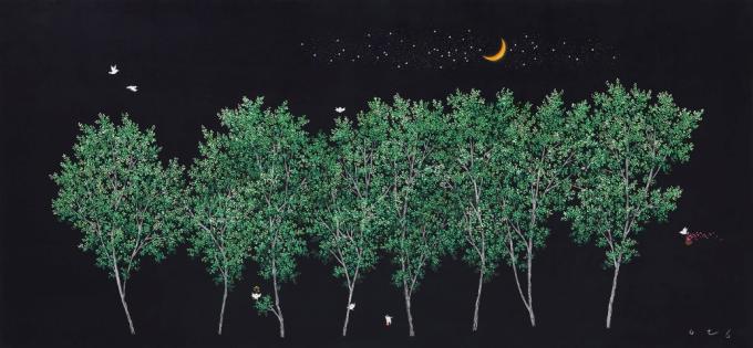 이영지, 포근한 어둠이 찬란해 97X194cm(120호) 장지위에 분채 2025 (선화랑 제공)