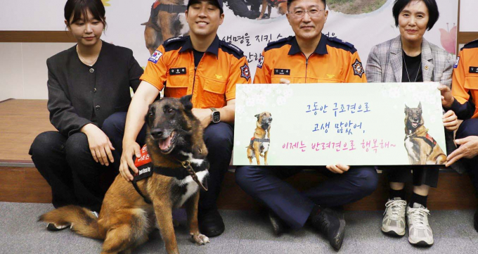  6년여간 경기도민의 생명을 지켜 온 119 구조견 '전진'이 소방대원들로부터 명예로운 은퇴 축하를 받고 있다. /사진제공=경기도 