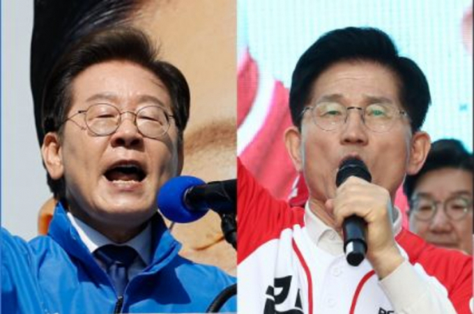 5·18 민주화운동 기념일을 하루 앞두고 이재명 더불어민주당 대통령 후보와 김문수 국민의힘 대통령 후보가 나란히 광주를 찾아 유세에 나선다.이재명 더불어민주당, 김문수 국민의힘 대통령 후보가 공식 선거운동이 시작된 12일 각각 서울 청계광장, 대구 서문시장에서 지지를 호소하는 모습. /사진=뉴스1.
