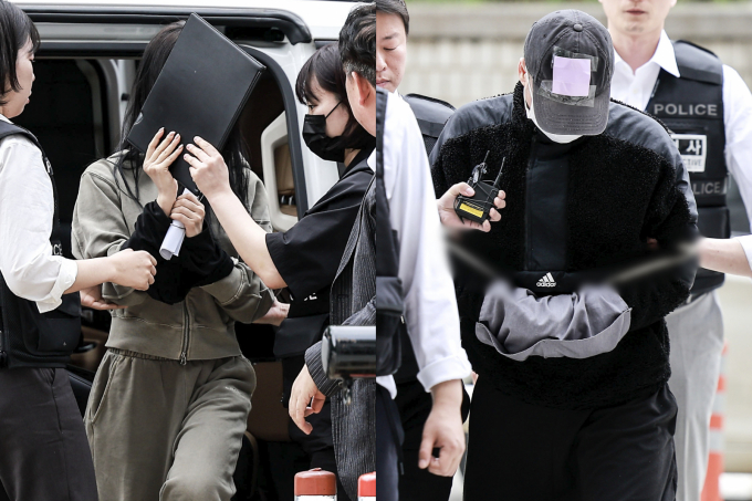 손흥민을 상대로 임신을 주장하며 거액을 뜯어내려 한 남녀가 17일 법원에 모습을 드러냈다. 사진은 이들이 17일 서울 서초구 서울중앙지방법원 영장실질심사에 출석하는 모습. /사진=뉴시스
