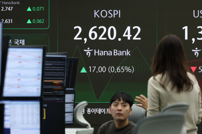 20일 코스피가 장 초반 보합권 등락한다. 사진은 이날 오전 서울 중구 하나은행 딜링룸 전광판./사진=뉴시스