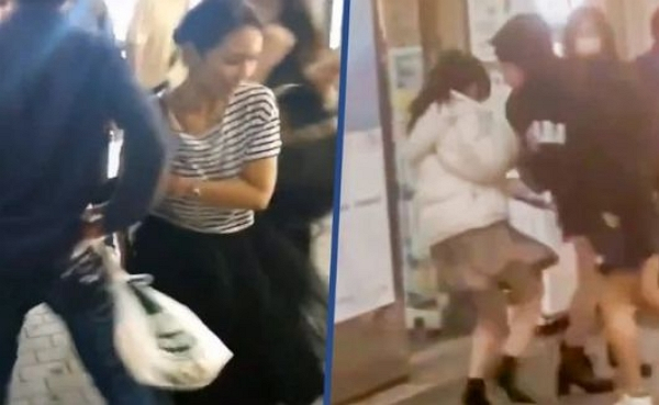 여성을 상대로 '어깨빵'하는 남성들이 늘고 있다. 사진은 길거리 여성들과 고의로 어깨를 세게 부딪히는 '어깨빵' 행위 모습. /사진=SCMP 캡처