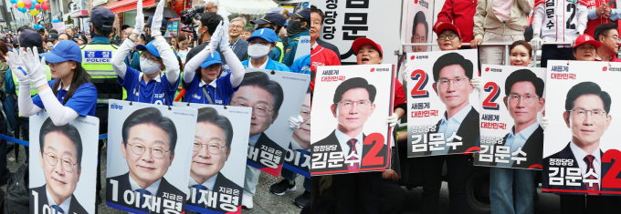 민주당 정부가 강력한 부동산 규제 기조로 일관했던 이전과는 달리 규제 완화 가능성이 있다는 업계의 기대감이 커지고 있다. 사진은 이재명 더불어민주당 대통령 후보(왼쪽)와 김문수 국민의힘 대통령 후보 선거운동원들 모습. /사진=뉴스1