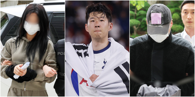 한국 축구 국가대표팀 주장 손흥민 선수를 상대로 아이를 임신했다며 협박해 3억원을 챙긴 혐의로 입건된 20대 여성 양모씨가 금액 일부를 무속인에게 입금한 것으로 알려졌다. 사진은 토트넘 손흥민이 22일(한국시각) 스페인 빌바오 산 마메스 경기장에서 열린 2024-25 유럽축구연맹(UEFA) 유로파리그(UEL) 결승전 맨체스터 유나이티드와 경기에서 1대0 승리 후 우승을 확정짓고 기뻐하는 모습과 지난 17일 손흥민을 상대로 돈을 받아내려 협박해 공갈 혐의를 받는 20대 여성 양모씨(왼쪽)· 40대 남성 용모씨(오른쪽)가 서울 서초구 서울중앙지방법원에서 열린 영장실질심사에 출석한 모습. /사진=로이터 및 뉴스1