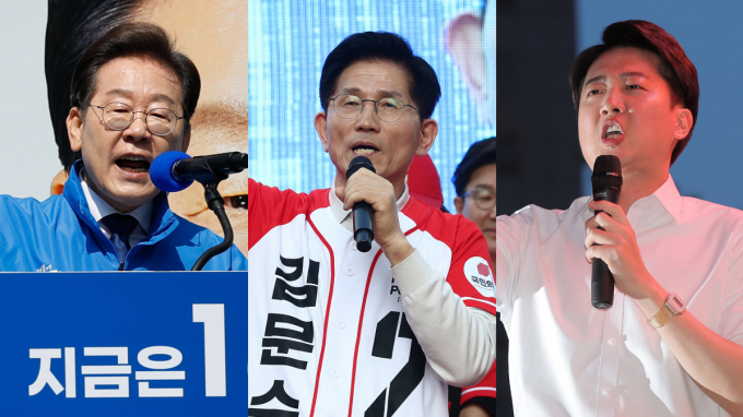 제21대 대통령 선거 공식 선거운동 첫날인 12일 이재명 더불어민주당(왼쪽부터), 김문수 국민의힘, 이준석 개혁신당, 권영국 민주노동당 대통령 후보가 각각 지지를 호소하고 있다. / 사진=뉴스1  